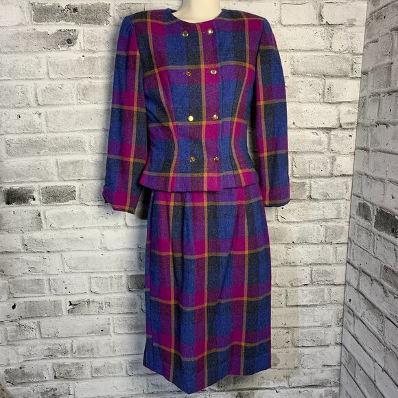 Vintage 80s Plaid Double Breasted Blazer Skirt Set Small Purple Blue Handmade - Picture 1 of 16
